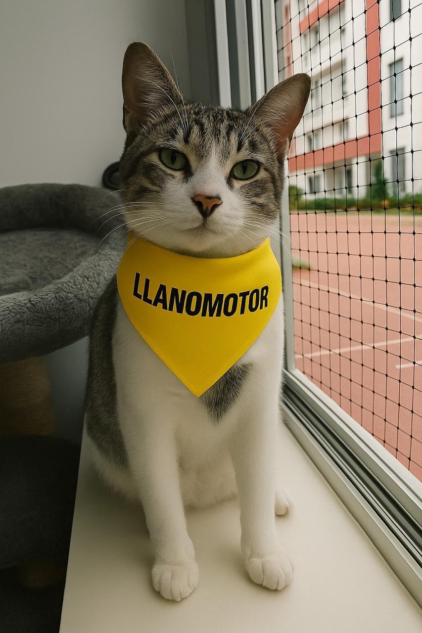Zafiro, gato blanco de Llanomotor, con pañoleta de la marca